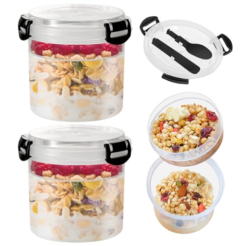 Eiflayn Overnight Oats Jar, Lot de 2 Bol Muesli a Emporter, Bol Muesli avec cuillère, 600+200ml Double Couche Pot Yaourt anti-fuite,Bol Muesli pour le travail, l'école, les voyages