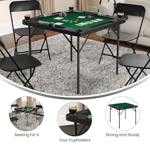 Flash Furniture Silas 34.5" Square Folding Card Table with Green Felt Playing Surface and Cup Holders, Portable Folding Game Table for 4 Players, Black/Green by Flash Furniture - Image 3