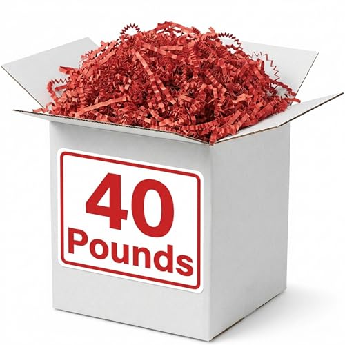 Image of BOX USA Red Crinkle Paper Filler (40lb) - Shredded Paper for Basket Stuffing, Shipping, Packaging, Confetti, Crafts & Holidays - Crinkle Cut