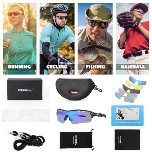 Image of ITSCOOL Polarized Sports Sunglasses with 5 Interchangeable Lenses for Men Women Softball Baseball Running Cycling Glasses