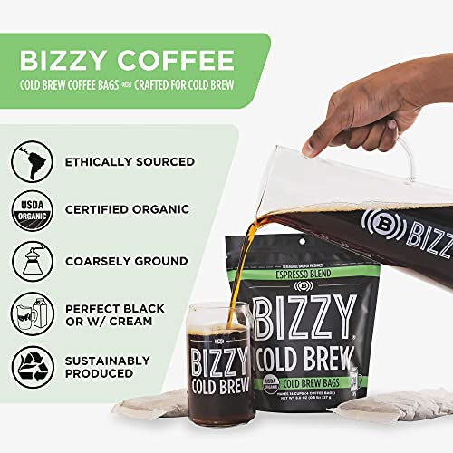Bizzy Organic Cold Brew Coffee | Bundle | Coarse Ground Coffee | Espresso Blend 1 Lb + Espresso Blend Brew Bags 4-Count | 2 Pack #TOP2