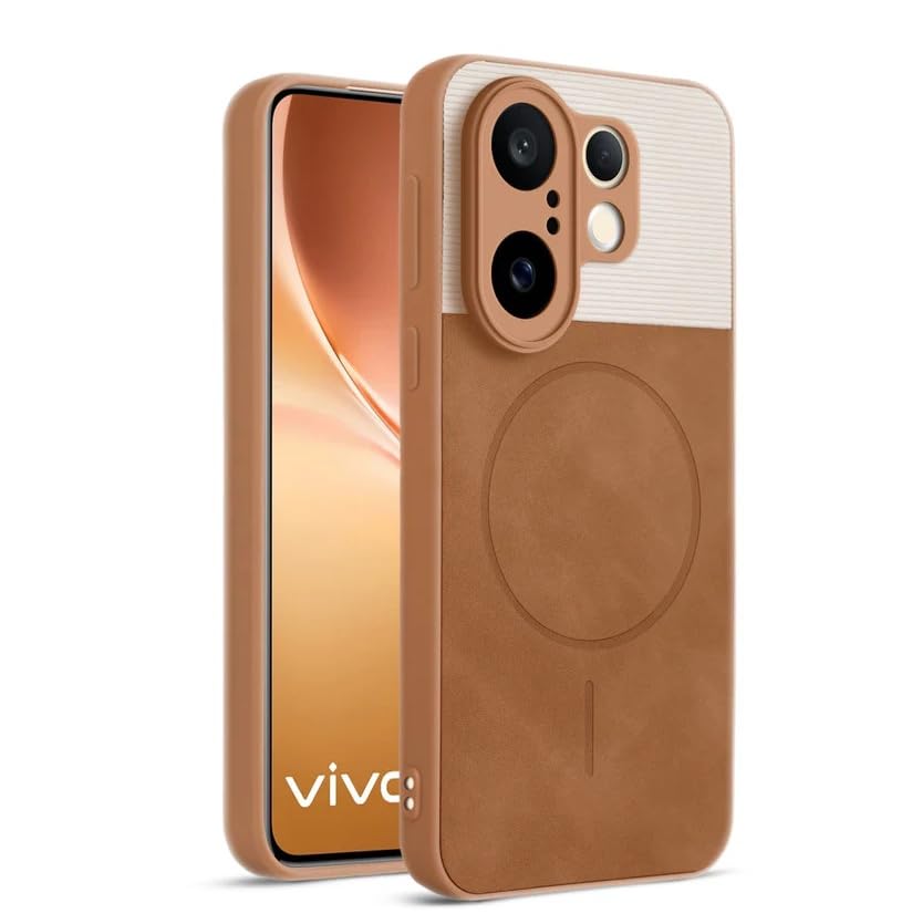 Image of Bintage CASE Mac Safe Design Hard Light Weight Back Case | Soft Border Camera Protect | Dual PU Leather Finish Back Cover Compatible for Vivo V60e 5G - White & Brown