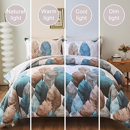 Drucon Botanical Comforter Set King Size 3 Pieces Floral Reversible Blue Leaves Comforter Soft Microfiber Bedding Set For Adults 104×90Inch #TOP3