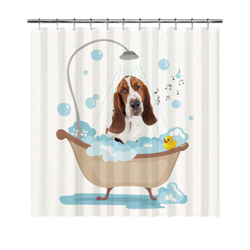 BAGEYOU Funny Dog Basset Hound in Bath Shower Curtains Cute Puppy Taking A Shower Waterproof Polyester Fabric Bathroom Curtain 66 X 72 Inch, with 12 Hooks