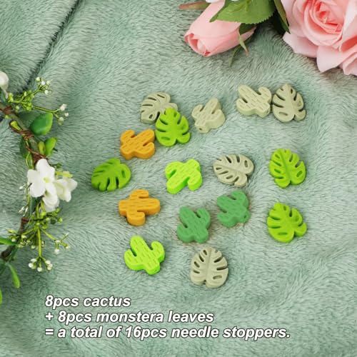 16pcs Knitting Needle Stoppers, Cute Cactus & Monstera Leaf Style Stitch Needle End Caps Silicone Needle Tip Hugger Knitting Point Protectors Accessories for Sewing Quilting Crocheting Craft - Thumbnail 3