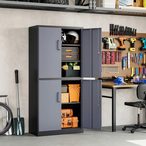 Image of Yizosh Metal Storage Locking Cabinet with 4 Doors and 2 Adjustable Shelves,71 inch Lockable Garage Tall Steel Cabinet,for Home Office,Living Room,Pantry,Gym,Commercial Storage (Gray Black)