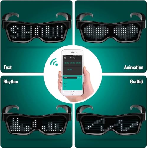 Image of Hetkrishi LED Glasses, Bluetooth APP Connected LED Display Smart Glasses USB Rechargeable DIY Funky Eyeglasses for Party Club DJ Halloween Christmas(Text, Graffiti, Animation, Music Rhythm)