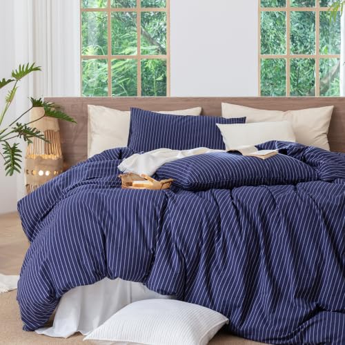 Image of MooMee Striped Duvet Cover Set 100% Washed Cotton Linen Like Queen | Relaxed Linen-like Texture. Soft, Breathable & Long-lasting Comfort. Lightweight. Hidden Zipper with 8 Interior Corner Ties
