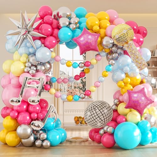 Image of Music Fans Birthday Decoration,148 Pcs Balloon Arch Garland Kit with Microphone, Laser Star, Disco Mylar Balloon for music fans theme teenage girl Birthday Party Prom Decorations