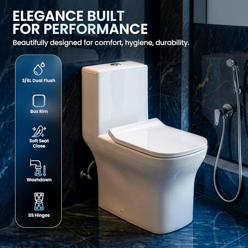 Image of Johnson Elegance One Piece Toilet | Washdown 180 mm P Trap Floor Mounted Western Commode | Dual Flush 3 /6L| Slim Soft Close Seat with Quick Release Hinges | 10 Year Warranty
