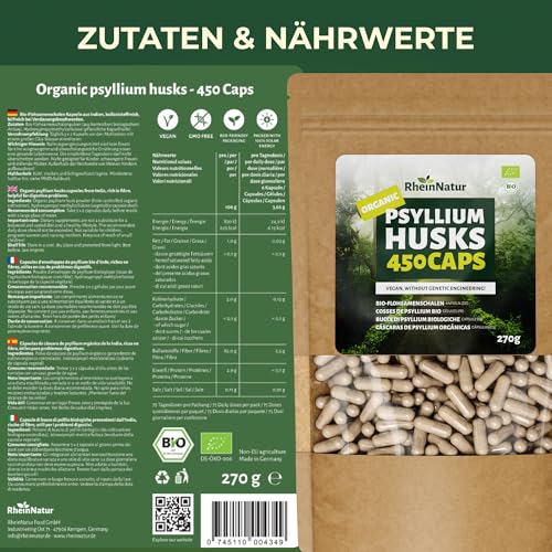 RheinNatur Bio Flohsamenschalen Kapseln - 450 Stk hochdosiert (3.000 mg je Portion) - Hergestellt in DE - Psyllium Husk Ballaststoffe – Flohsamen Kapseln