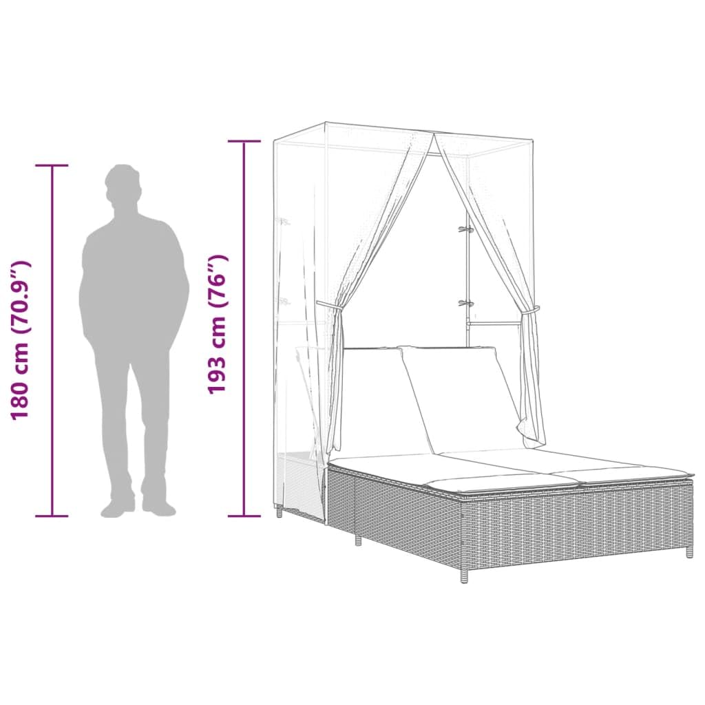 Sdraio doppio in polyrattan con tetto e tende, schienale regolabile, imbottito, resistente alle intemperie, grigio, 104 x 197 x 193 cm, per balcone, terrazza e giardino