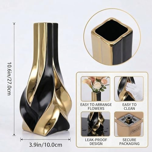 10.6 Black and Gold Ceramic Vase, Modern Geometric Flower Vase for Dining Table Centerpiece, Elegant Decorative Vase for Pampas Grass, Living Room, Bedroom, Office, Tabletop Decoration
