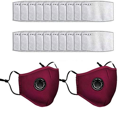 Reusable Face Bandanas, with Breathing valve for Adults, Haze Dust Face Health (2pcs+20pcs Pad, Red)