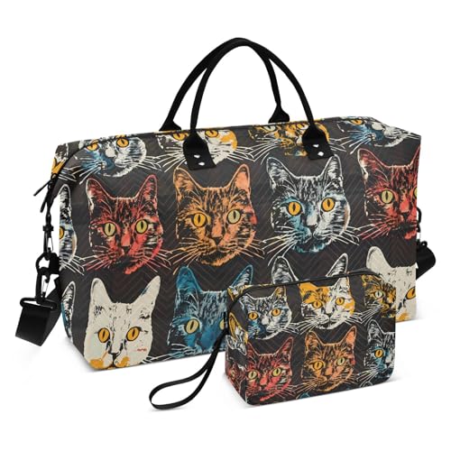 Cat Travel Duffle Bag Gym Bag, Cats Head Print Weekender Bags for Women with Toiletry Bag Travel Tote Bag Swim Bag