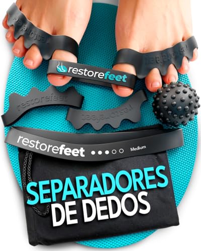RestoreFeet Kit Separador Dedos Pie, Corrector de Juanetes con 2 Pares de Separadores, Banda Elástica, Mini Banda y Pelota Miofascial, Alivio Dedos Torcidos y Superpuestos, Uso Barefoot Unisex