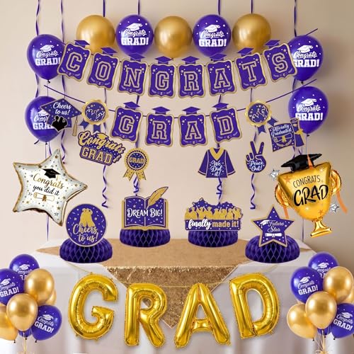 Image of Purple Gold Balloon Garland Arch Kit with backdrop Stars Graduation Cap crown GRAD Letters Mylar Balloons for 2026 graduate Prom Decorations