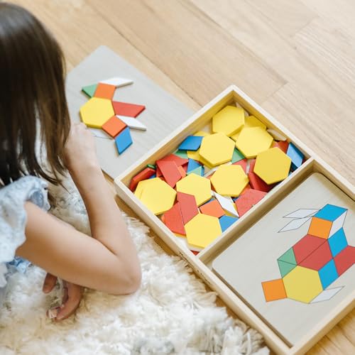 Melissa & Doug Pattern Blocks and Boards with 120 Multi-Colored Wooden Shape Tiles, 5 Double-Sided Puzzle Boards, Tangram Puzzles, Montessori Toys for Girls & Boys - Image 3