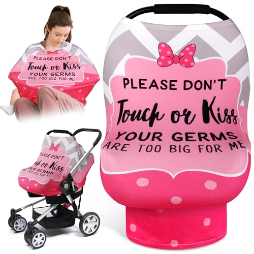 Image of Metplus Car Seat Cover Baby Girl, No Touch Sign Carseat Canopy, Nursing Breastfeeding Covers, Stretchy Universal Fit, Multi-Use for Stroller/Shopping Cart/High Chair, Pink Bow Baby Shower Gift