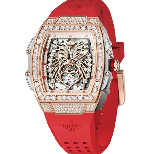 Image of OUPINKE Automatic Watches for Women Fashion Hollow Skeleton Squre Womens Watches Diamonds Rose Gold Waterproof Luminous Mechanical Ladies Watches Red White Soft Silicone Strap