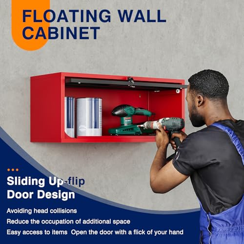 Image of Yizosh Metal Wall Cabinet with Doors, Wall Mounted Storage Cabinet, Floating Tool Cabinet for Kitchen, Basement, Warehouse (Red Black, 13.7 inch H)