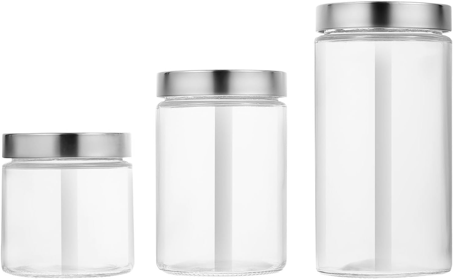 KICHOUSE 3pcs Stainless Steel Lid Glass Storage Jars Set 800ml+1100ml+1700ml Large Capacity Airtight Food Canisters for Kitchen Pantry Whole Grains Tea Storage