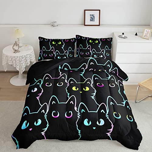 Axolotl Kids Bedding Cartoon Cat Comforter Set Full Size,Gradient Line Cute Cat Bedding Set for Teens Kids Boys Girls Adults Room Decor,Kids Comforter Set All Season,1 Comforter 2 Pillow Cases,Black