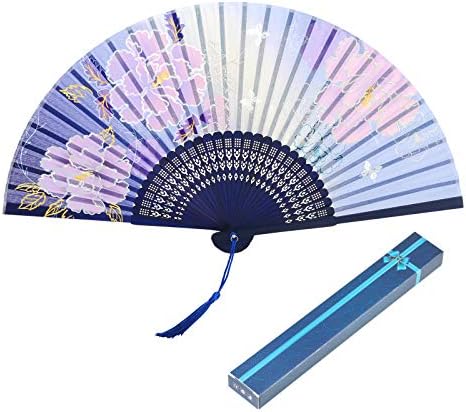 Folding Fan Metable Peony Pattern Handheld Bamboo Fan with Tassel Women's Oriental Handmade Silk Decorative Fan for Wedding Party Favor Wall Decor