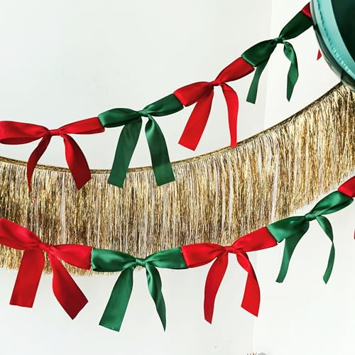 Image of Bow Knot Garland | 6ft Linking Satin Bow Banner with 3ft Extend Ribbon for Coquette Bachelorette Party, Baby Shower,Bridal Shower Wedding Baby Room Bed Decor (Red & Green, 6ft)