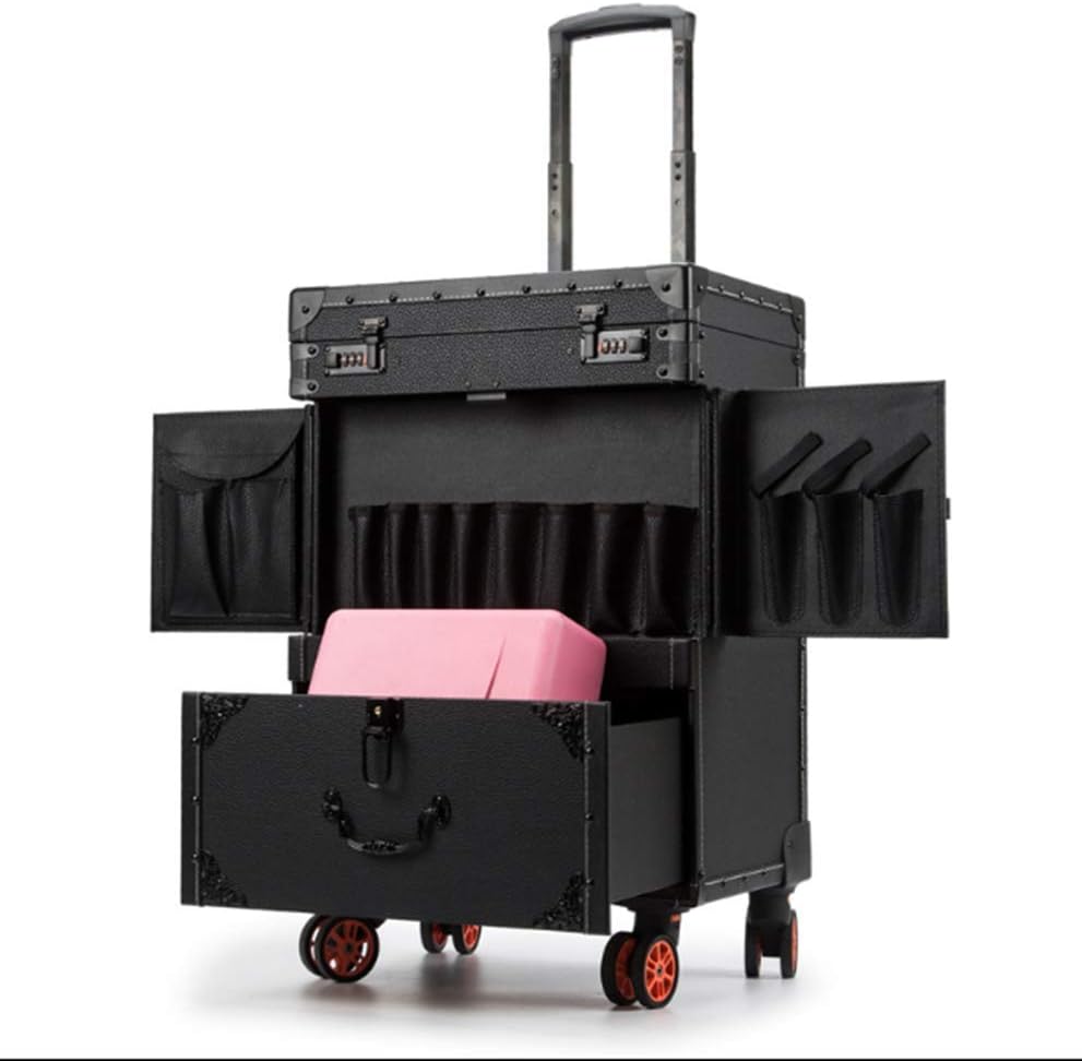 Profession Rolling Makeup Case Detachable Casters Metal Edging Reinforcement Portable Travel Multifunctional Hair Dryer Bracket, 39.5X29.5X60cm, Black