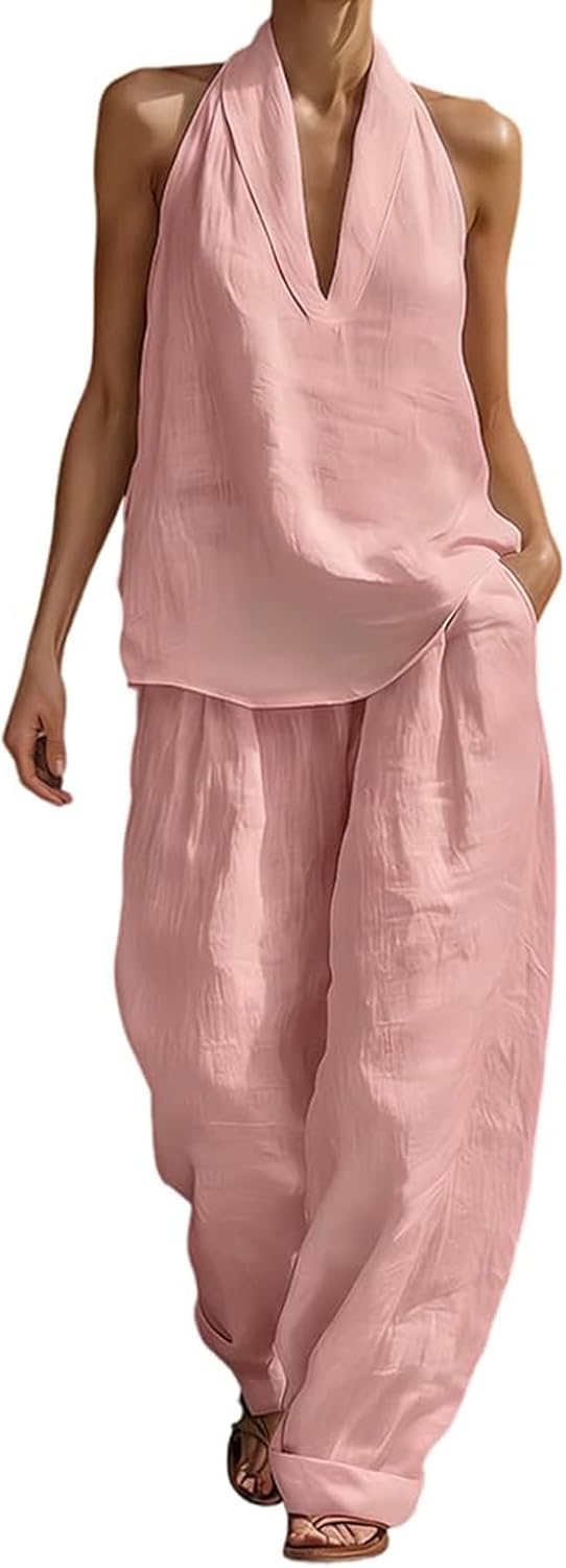 Casual and Cozy Minimalist Linen Two-Piece Set, V-Neck Sleeveless Top and Wide Leg Pants Set, Soft & Breathable Fabric