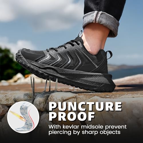 Steel Toe Shoes for Men Non Slip Work Sneakers Women Slip On Composite Toe Puncture Proof Air Cushion Indestructible Walking Hiking Shoes for Construction Camping Outdoor Training