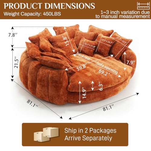 Image of 81 inch Round Sofa Bed Big Bean Bag Round Chaise Lounge Oversized Round Couch Boneless Reading Chair Plush Fluffy Chenille Large Chaise Chair for Living Room, Bedroom, Apartment, Orange