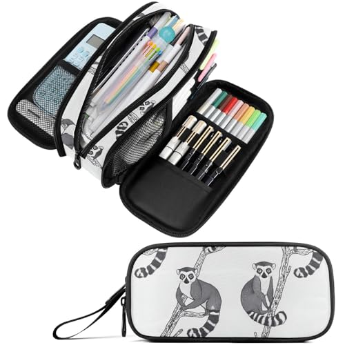 Image of Fustylead Black and White Cute Lemur on Branch Pencil Pen Case with 3 Compartments, Lightweight & Spacious Stationery Bag Cosmetics Bag