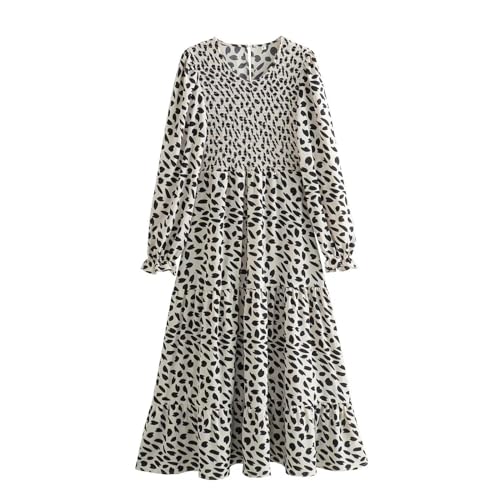 Modisches A-Linien-Kleid mit Rundhalsausschnitt, Langen Ärmeln, Animalprint-Taille für Farbe M