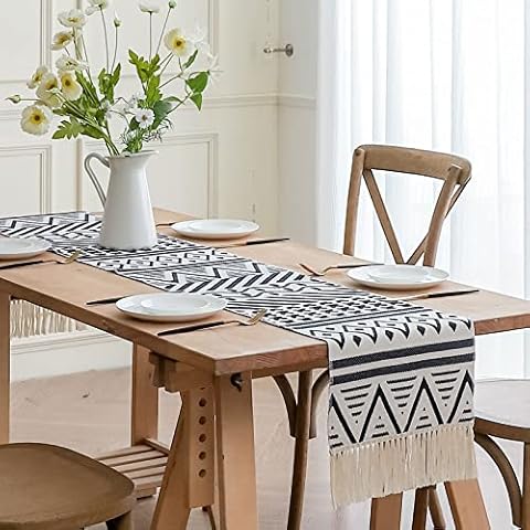Homease Farmhouse Cotton Table Runner 108 inches long, Boho Rustic Home Decor for Dinning Room Dresser Wedding Party Holiday, Braided Woven Table Runner with Tassels 108"x 13", Deep Blue& Beige Stripe Cover