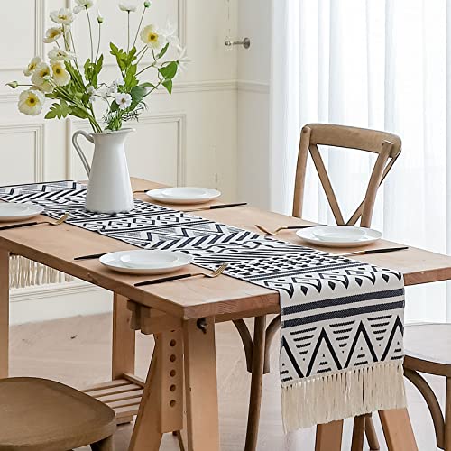 Homease Farmhouse Cotton Table Runner 86 Inches Long, Boho Rustic Home Decor For Dinning Room Dresser Wedding Party Holiday, Braided Woven Table Runner With Tassels 86"X 13", Deep Blue& Beige Stripe #TOP30