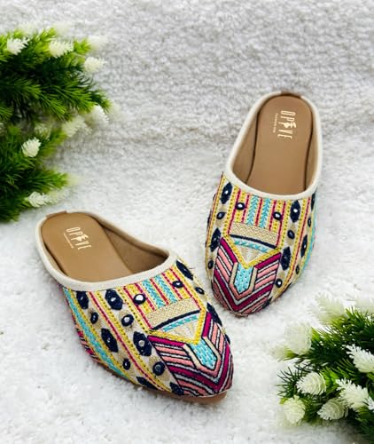 Image of OPIVE's Women's Mojari Jutti Ethnic Punjabi Juttis Traditional Flat Embroidered Canvas Fancy Bellies|Attractive Design PVC Sole for Womens & Girls(of WHITE-38)