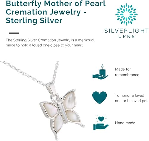 Miniatura 5 de Colgante y collar de mariposa de madreperla para cenizas, plata de ley, joyería de cremación para cenizas, Plata esterlina