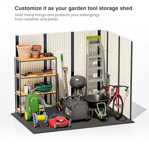 Patiowell 8x6 FT Outdoor Storage Shed, Plastic Shed Resin Garden Shed with Floor & Window & Lockable Door for Patio Furniture, Backyard Tools, Bicycles & Lawnmower, Beige