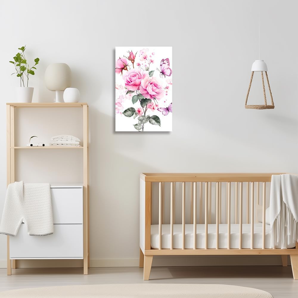 ZQQART Pink Rose Wall Art Elegant Bathroom Roses Canvas Prints Butterfly Paintings for Wall Girls' Room Bedroom Decor Framed(Pink,12L x 18W)