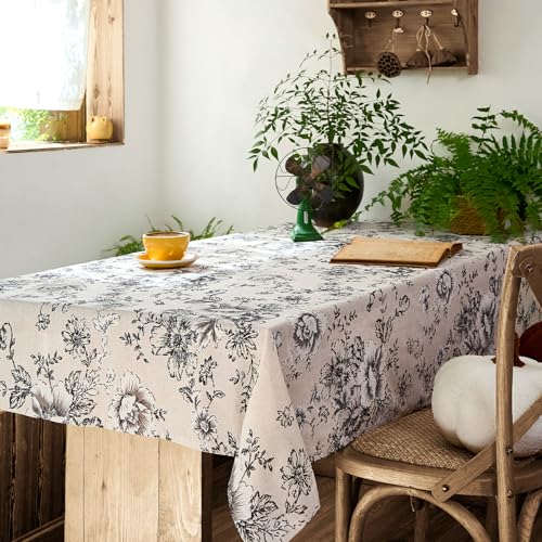 jinchan Black Floral Linen Blend Rectangle Table Cloth 52 x 70 Inch