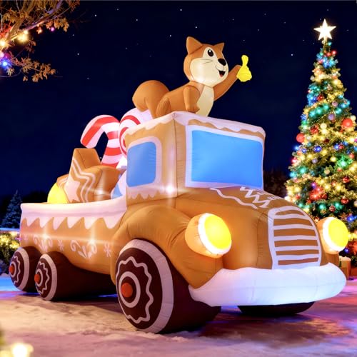 Christmas Inflatable Squirrels Truck Decoration, 8FT Long Blow-up Inflatable Truck with Bell Squirrels, Candy & Cookie Designs, Outdoor Christmas Inflatables Yard Decoration for Garden Lawn Party