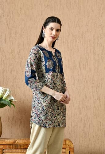 Image of Amazon Brand - Tavasya Women Floral Printed Round Neck Kurta | Everyday Ethnic Wear | 3 /4th Sleeve Top