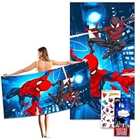 Marvel Spiderman Beach Towel Bundle ~ Microfiber Beach Towels for Boys Girls 27 x 54 Inches | Spiderman Pool Accessories with Stickers, More