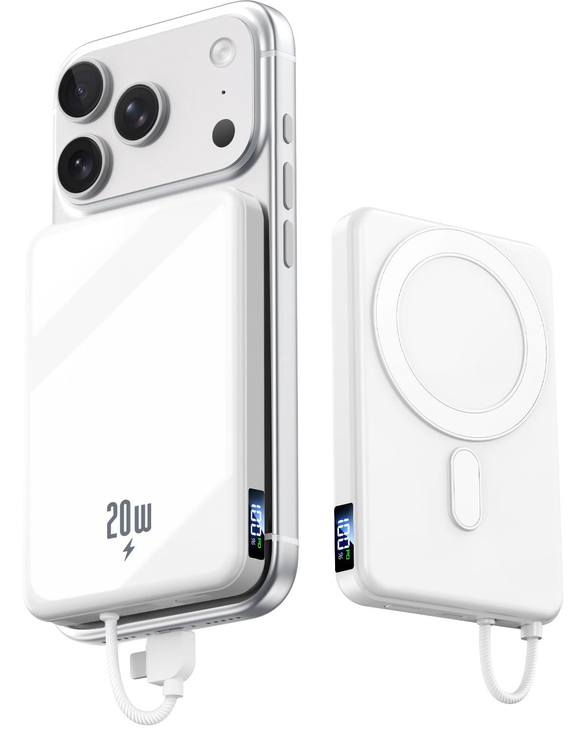 Magnetic Portable Charger Power Bank 10000mAh Phone Charger with Built-in Cable 20W PD Fast Charging Slim Battery Pack