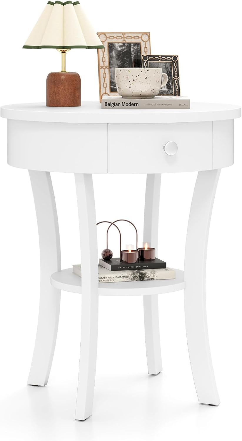 GOFLAME Round End Table with Drawer, 2-Tier Sofa Side Table with Solid Wood Legs, Open Storage Shelf, Vintage Accent Table, Display Table, Compact Nightstand for Living Room, White