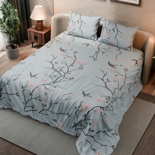 Image of BLISSHOME SoftTouch 140TC Cotton King Size Printed Bedsheet with 2 Pillow Covers for Double Bed, Silky Smooth Bedding Set, Breathable, Easy Maintain, Floral Print - Grey, Pink