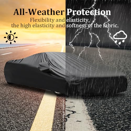 Image of BHIEE Car Cover Waterproof All-Weather, Stretchable Elastic Fabric Sport Car Full Cover for Indoor Outdoor Use - Universal Fit Garage Protector (181 inch-193 inch Vehicles, Black)
