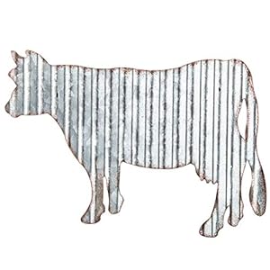 Everydecor Cow Galvanized Metal Wall Art Decor – Corrugated Rustic Metal Hanging Sign Farm Animals Cow Silhouette Kitchen Fence Decor